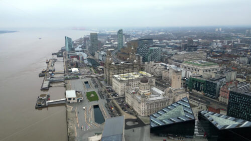 Aerial view of the city centre near River Mersey Liverpool, England - Starpik Stock