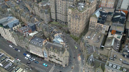 Aerial view of the streets of Edinburgh, Scotland - Starpik Stock