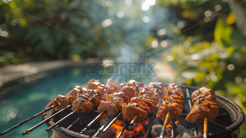 Bbq grill by the pool, summer party - Starpik