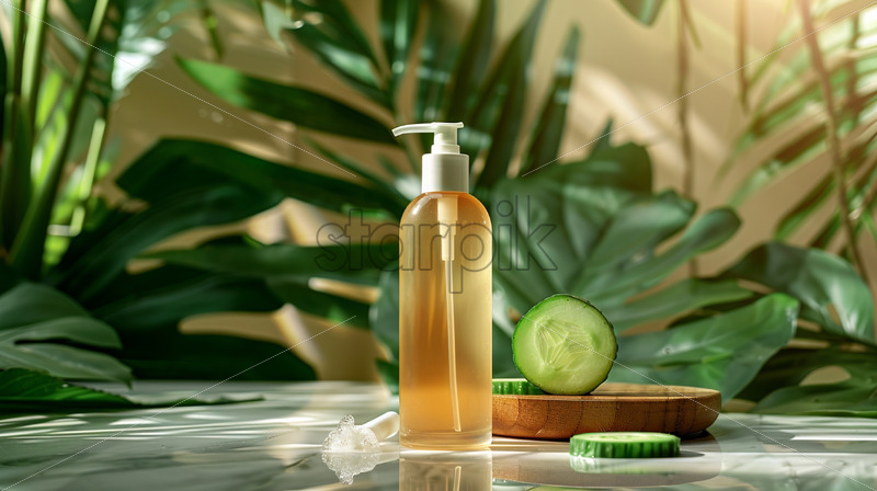 Cosmetic hydrating serum mock up banner with green leaves and cucumber - Starpik