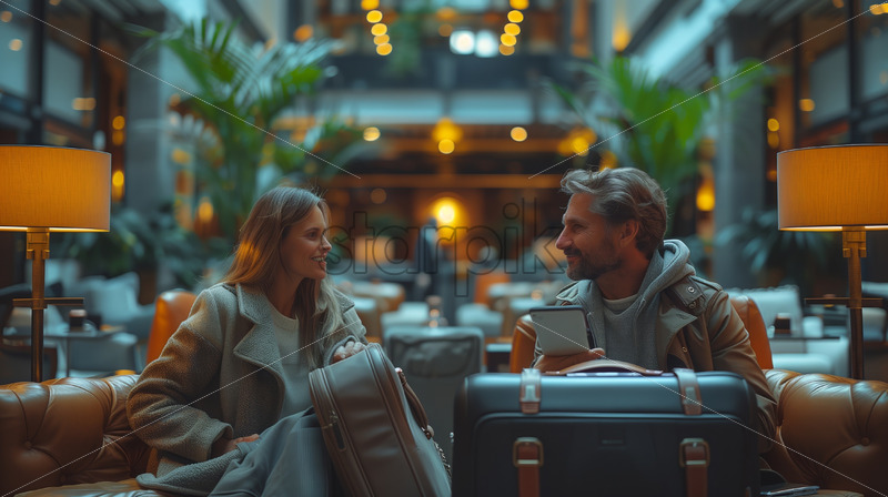 Man and woman in a conference lobby at the airport - Starpik