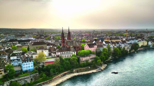 Video Aerial, drone view of Basel and River Rhine in Switzerland - Starpik Stock
