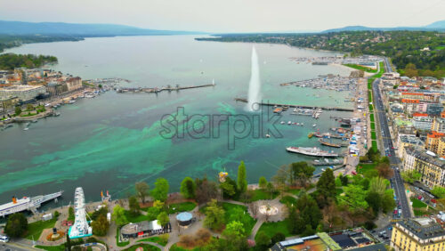 Video Aerial, drone view of the Geneva Water Fountain in Switzerland