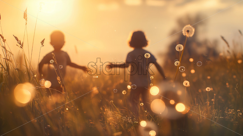 Children playing in countryside at sunset - Starpik