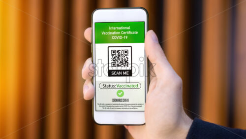 Male hand holding a smartphone with International Vaccination Certificate COVID-19 QR code