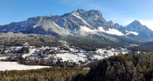 Aerial drone view of the Cortina d’Ampezzo town in the Dolomites, Italy - Starpik Stock