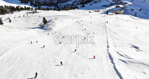 Aerial drone view of the Gardena Pass high mountain pass in the Dolomites, Italy - Starpik Stock