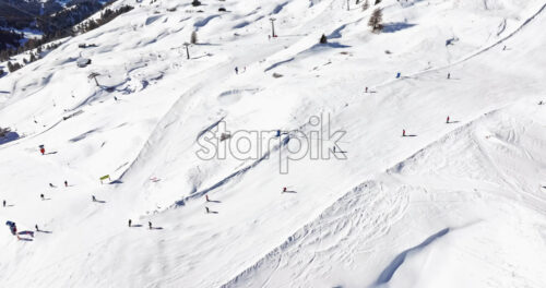 Aerial drone view of the Gardena Pass high mountain pass in the Dolomites, Italy - Starpik Stock