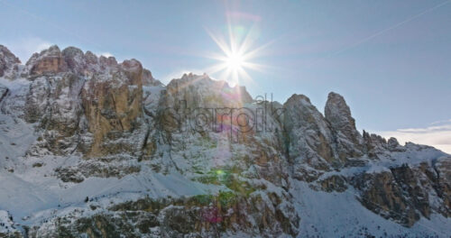 Aerial drone view of the Gardena Pass high mountain pass in the Dolomites, Italy - Starpik Stock