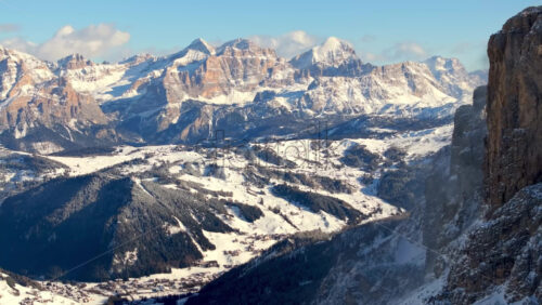 Aerial drone view of the Gardena Pass high mountain pass in the Dolomites, Italy - Starpik Stock