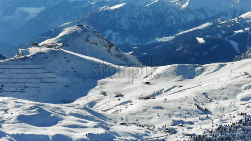 Aerial drone view of the Gardena Pass high mountain pass in the Dolomites, Italy - Starpik Stock
