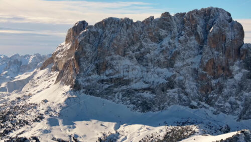 Aerial drone view of the Gardena Pass high mountain pass in the Dolomites, Italy - Starpik Stock
