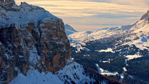 Aerial drone view of the Gardena Pass high mountain pass in the Dolomites, Italy - Starpik Stock