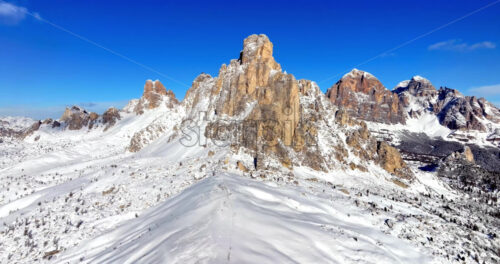 Aerial drone view of the Giau Pass high mountain pass in the Dolomites, Italy - Starpik Stock