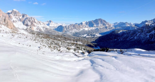 Aerial drone view of the Giau Pass high mountain pass in the Dolomites, Italy - Starpik Stock