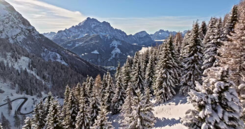 Aerial drone view of the Giau Pass high mountain pass in the Dolomites, Italy - Starpik Stock