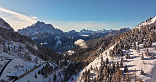 Aerial drone view of the Giau Pass high mountain pass in the Dolomites, Italy - Starpik Stock