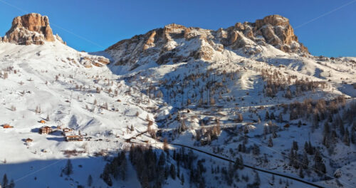 Aerial drone view of the Giau Pass high mountain pass in the Dolomites, Italy - Starpik Stock