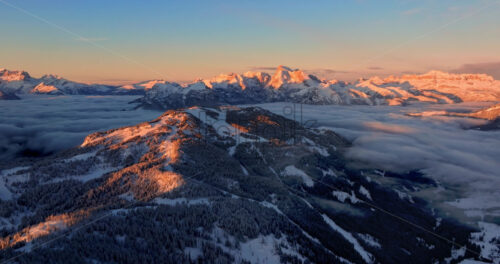 Aerial drone view of the Mountain Pelmo in the Dolomites, Italy at sunrise - Starpik Stock