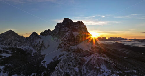 Aerial drone view of the Mountain Pelmo in the Dolomites, Italy at sunrise - Starpik Stock