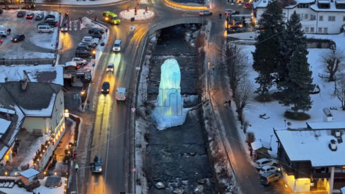 Ortisei, Italy – January 10, 2025: Aerial drone view the Ortisei town covered in snow, within the Dolomites, Italy - Starpik Stock