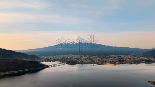 Aerial drone view of Lake Kawaguchiko ne - Starpik Stock