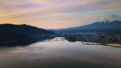 Aerial drone view of Lake Kawaguchiko ne - Starpik Stock
