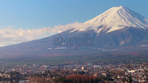 Aerial drone view of Lake Kawaguchiko ne - Starpik Stock