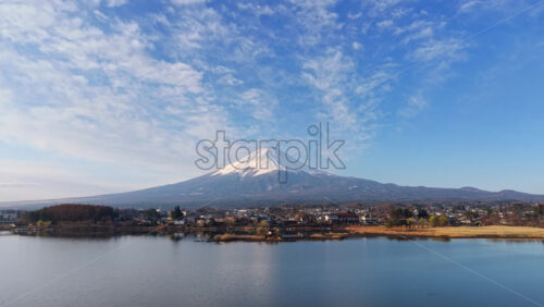Aerial drone view of Lake Kawaguchiko ne - Starpik Stock