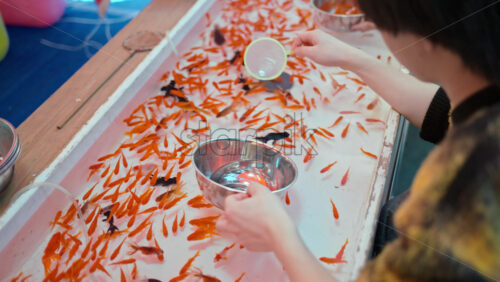 Close up of a boy playing catching the fish game - Starpik Stock