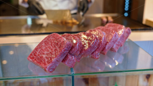 Close up of multiple pieces of Wagyu beef at the Tsukiji Fish Market in Japan - Starpik Stock