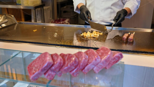 Close up of multiple pieces of Wagyu beef at the Tsukiji Fish Market in Japan - Starpik Stock