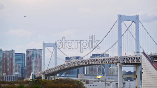 View of the Rainbow Bridge and the skyline of Tokyo, Japan on a cloudy day - Starpik Stock