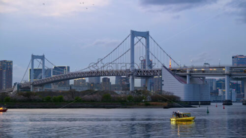View of the Rainbow Bridge and the skyline of the Tokyo, Japan in the evening - Starpik Stock