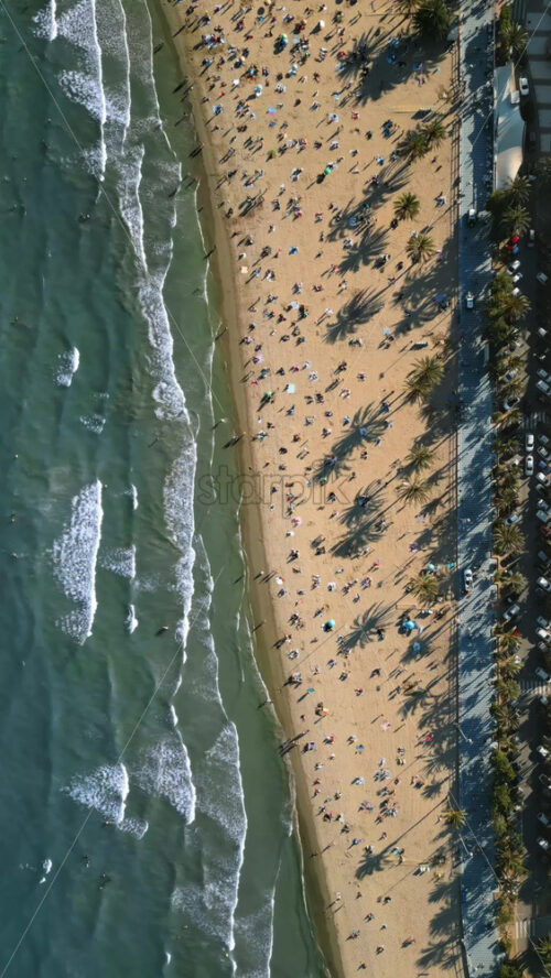 Aerial drone view of cars moving along the coastline with people relaxing on the beach in Alicante, Spain in daylight. Vertical - Starpik Stock