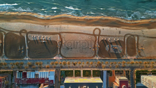 Aerial drone view of palm trees on a promenade near the beach and buildings along coastline of the city in Alicante, Spain at sunset - Starpik Stock