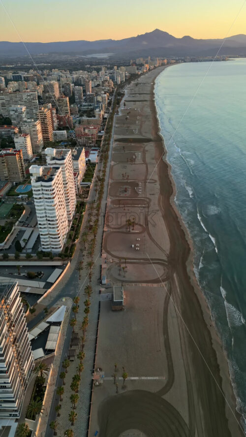 Aerial drone view of palm trees on a promenade near the beach and buildings along coastline of the city in Alicante, Spain at sunset. Vertical - Starpik Stock
