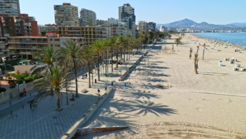 Aerial drone view of people walking on a promenade lined with palm trees near the beach in Alicante, Spain - Starpik Stock