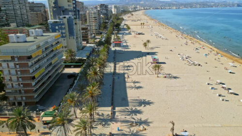 Aerial drone view of people walking on a promenade lined with palm trees near the beach in Alicante, Spain - Starpik Stock