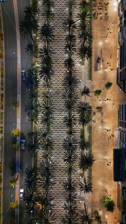Aerial drone view of people walking on a promenade lined with palm trees near the beach in Alicante, Spain in the evening. Vertical - Starpik Stock