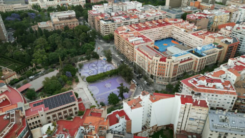 Aerial drone view of stadiums near buildings in Valencia, Spain - Starpik Stock