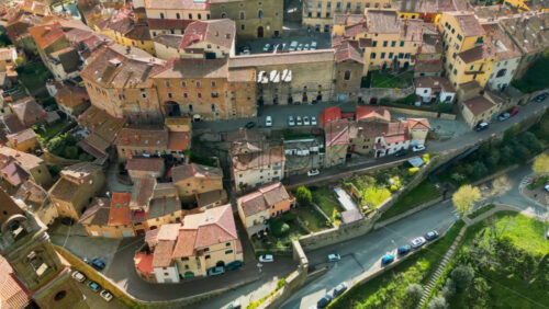 Aerial drone view of the Cassero Tower in Castiglion Fiorentino, Tuscany, Italy - Starpik Stock