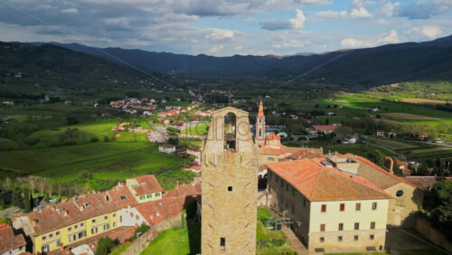 Aerial drone view of the Cassero Tower in Castiglion Fiorentino, Tuscany, Italy - Starpik Stock