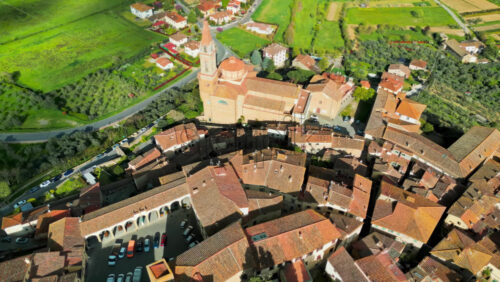 Aerial drone view of the Castiglion Fiorentino small, walled city in eastern Tuscany, Italy - Starpik Stock