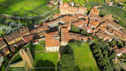Aerial drone view of the Castiglion Fiorentino small, walled city in eastern Tuscany, Italy - Starpik Stock