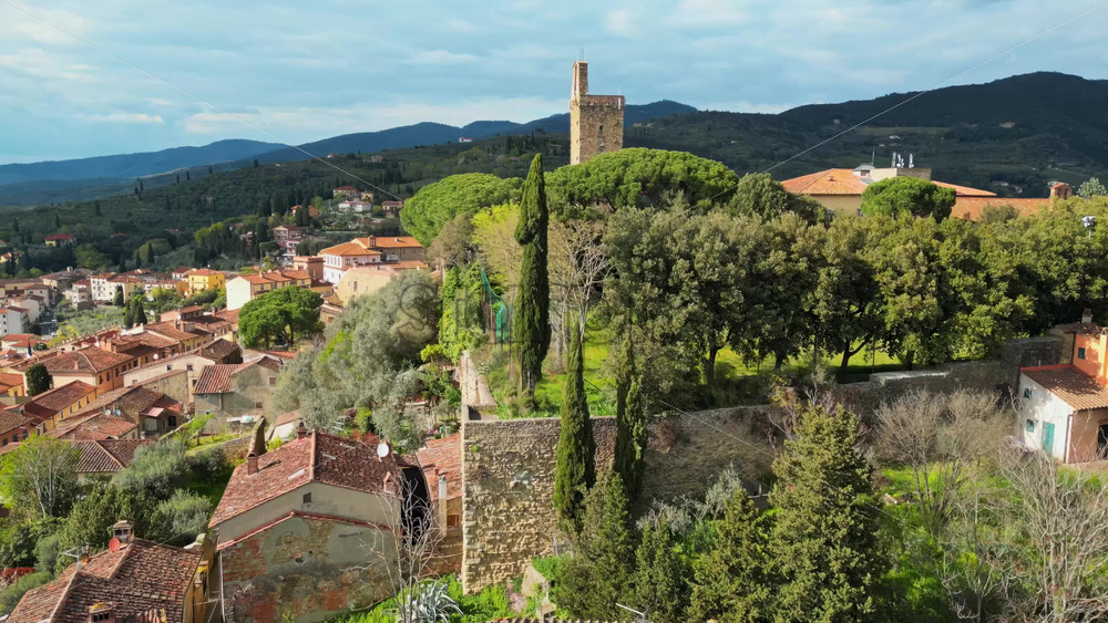 Aerial drone view of the Castiglion Fiorentino small, walled city in eastern Tuscany, Italy - Starpik Stock