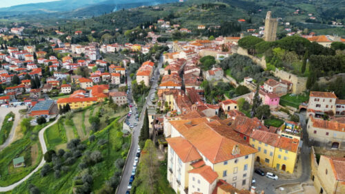 Aerial drone view of the Castiglion Fiorentino small, walled city in eastern Tuscany, Italy - Starpik Stock