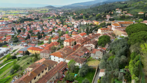 Aerial drone view of the Castiglion Fiorentino small, walled city in eastern Tuscany, Italy - Starpik Stock