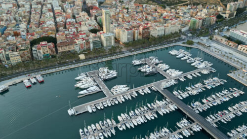 Aerial drone view of the Port of Alicante and the buildings in the city in the evening - Starpik Stock