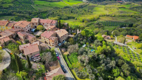 Aerial drone view of the Rocca d’Orcia village in Tuscany, central Italy - Starpik Stock